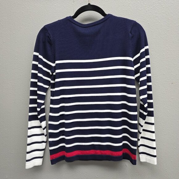 BENANCY Sweater Womens Medium Navy White Striped Crewneck Gold Button Shoulders - Picture 4 of 11